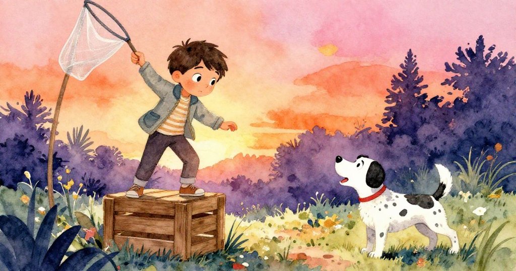 Leo攀爬木箱試觸網子,Patch焦急吠叫,木箱傾斜展現緊張動態,分割畫面表現冒險激增的關鍵時刻