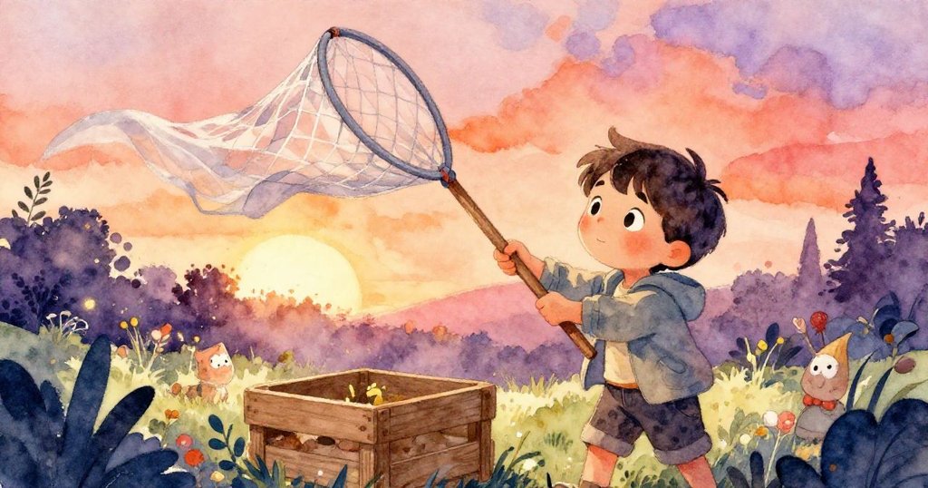 Leo利用風力將網圈固定於木箱上,網子猶如風帆升起,展現自然力量與創意交融的戲劇性場景