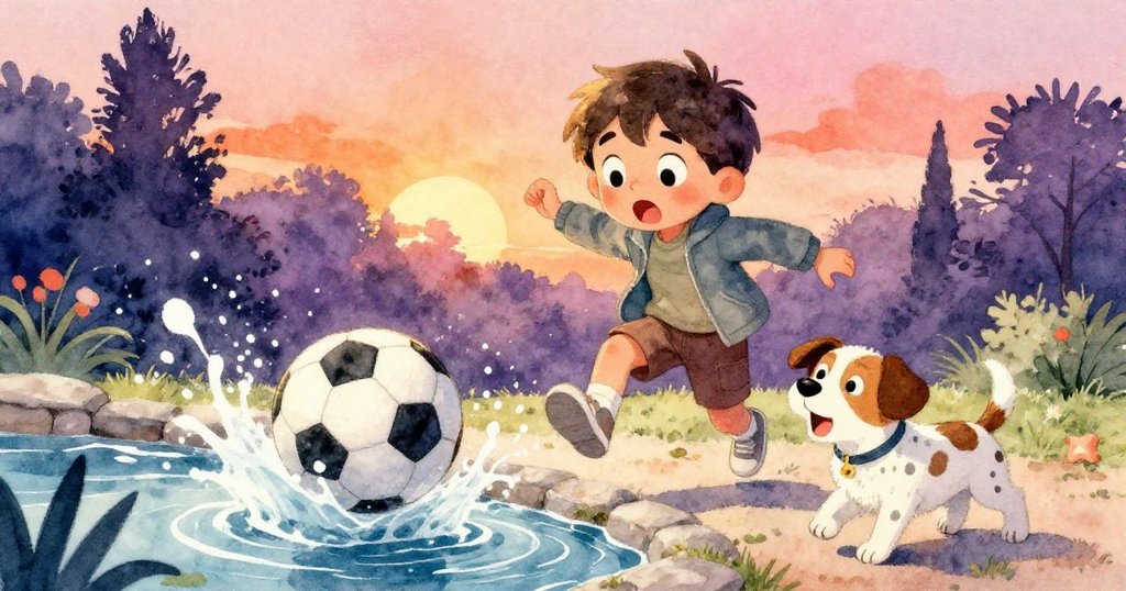 足球滾撞石邊濺起水花,Leo與Patch驚訝目光交織,動感瞬間彰顯緊張與活力,情節達到高潮