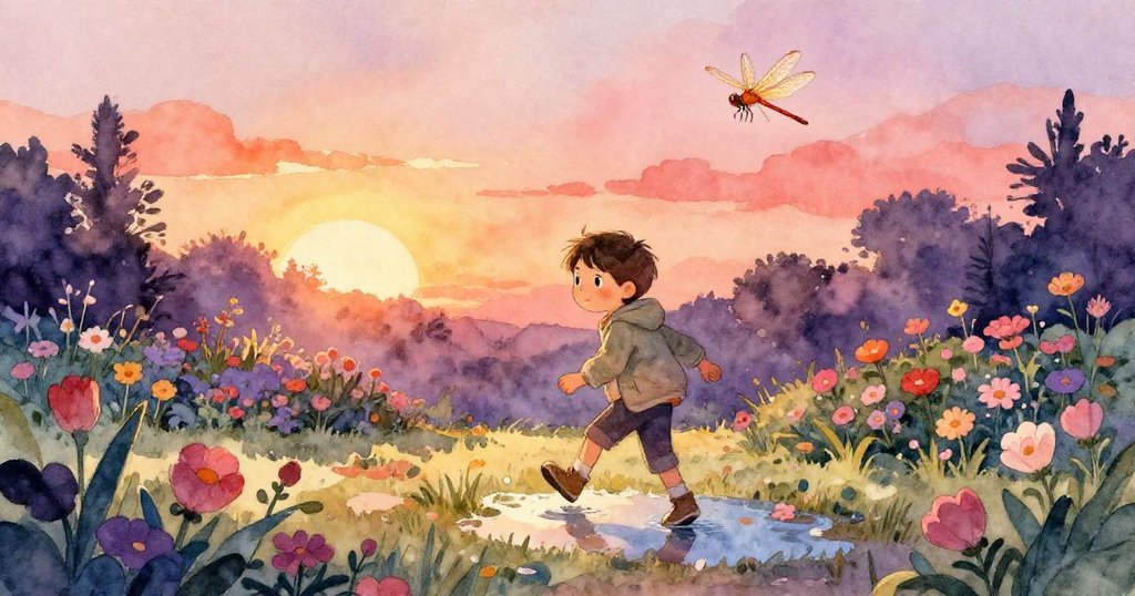 Leo退後遠離濺水區,專注追尋亮麗蜻蜓,臉上充滿驚奇與柔和決心,最終與大自然和諧交融完美落幕