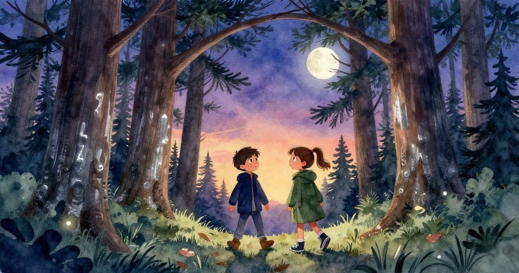 Leo和Mara在冷杉樹形成的入口處前行，夕陽與月光交織，表情充滿冒險與期待。