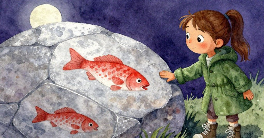 Mara伸手觸摸刻有褪色魚圖的石板，月光灑下石面細膩紋理，臉上流露驚喜與專注。