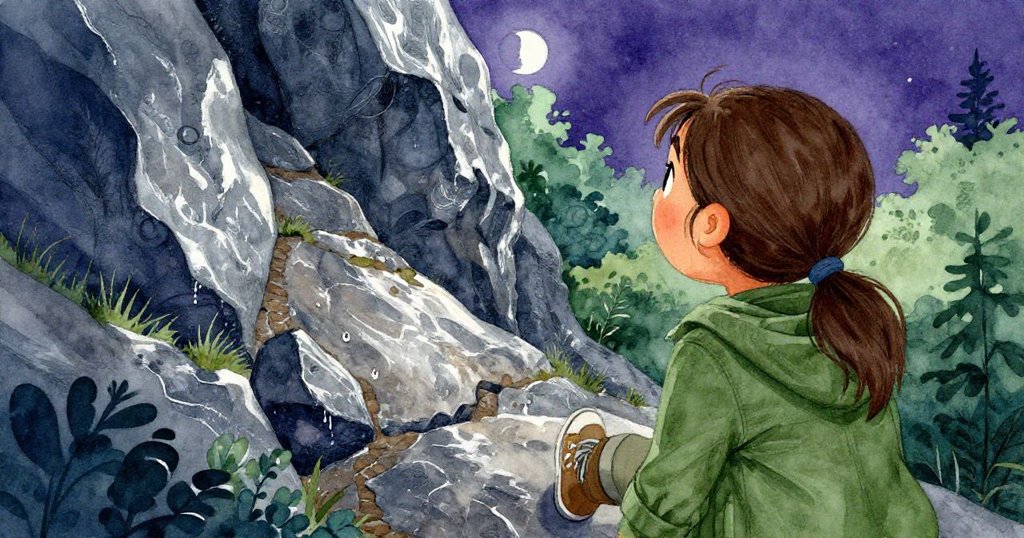 Leo從背後觀察Mara攀爬濕滑岩石小徑，月光映照出濃密樹影，兩人互助表現堅定決心。