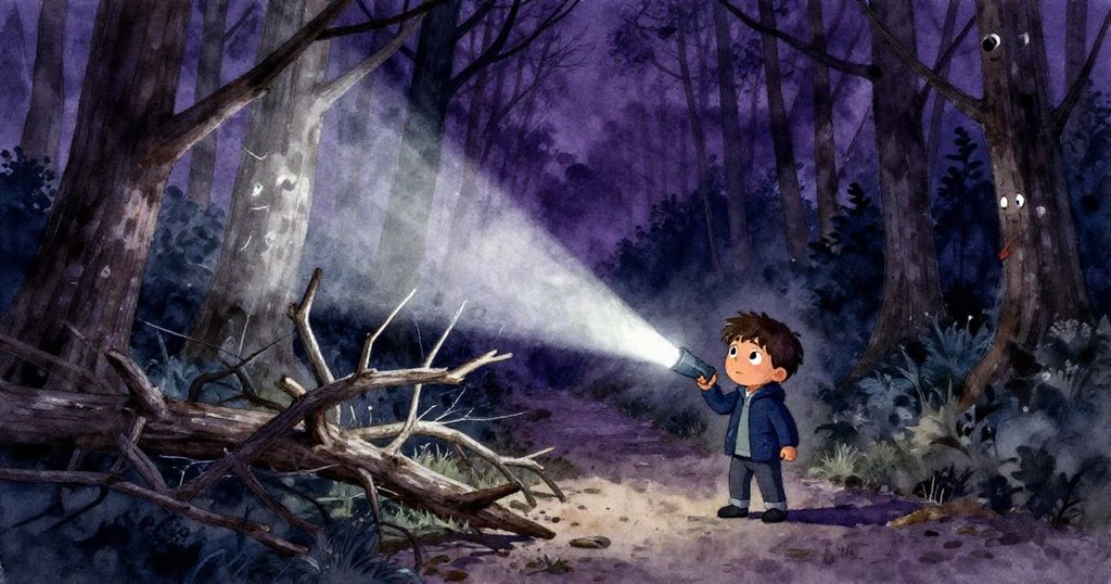 Leo在倒下樹枝的小徑上借助手電筒微光探索，月光交織下天氣氛圍神秘而變幻。