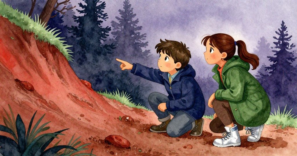 Mara蹲下堅定指向右側陡坡，Leo在旁思考，分岔路口泥濘與斑駁石頭充滿冒險氣息。