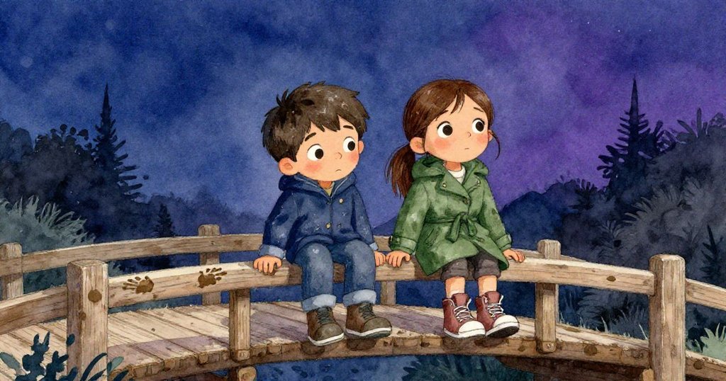 Leo和Mara在小橋上休息，疲憊中露出溫暖笑容，月光映照下河水靜流，泥手印見證冒險旅程。