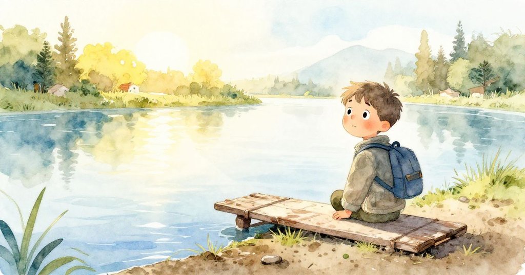 Eli站在運河邊，面帶平靜與期待，清晨微光映照著運河和岩石，準備展開冒險。