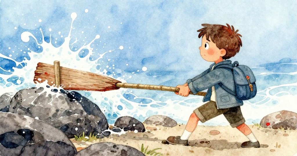 Eli一邊努力拉扯被岩石卡住的木板，一邊面對湍急水流的牽引，畫面分裂呈現緊張拚搏的瞬間。