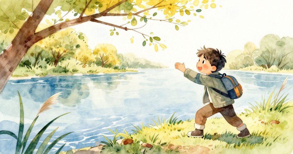 戶外景色轉換，Eli與低垂樹枝和搖曳蘆葦相互呼應，明亮日光灑落在清澈運河上。