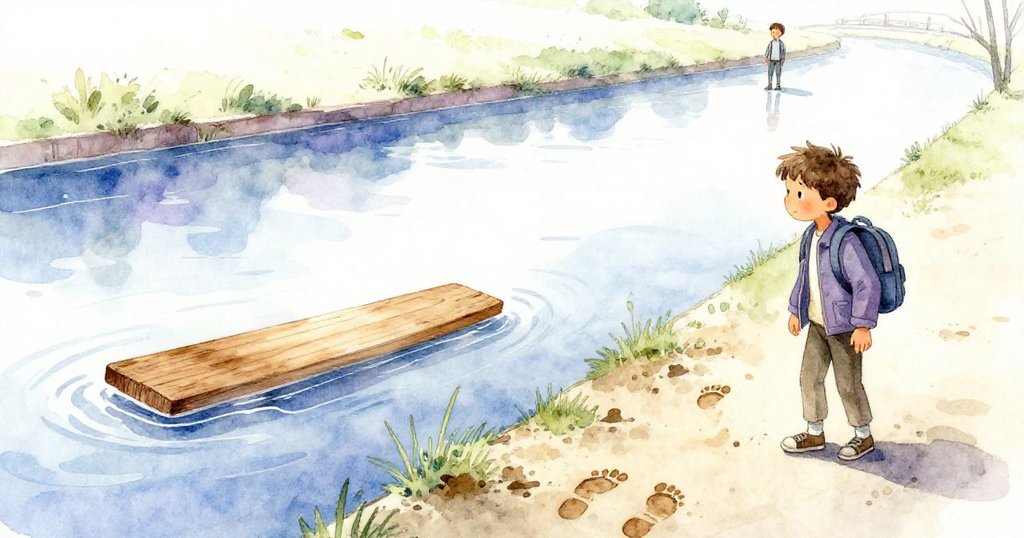 經歷奮鬥後，木板順水漂流，岸邊留有泥跡，Eli遠處靜觀自然，呈現平和寧靜的收尾。