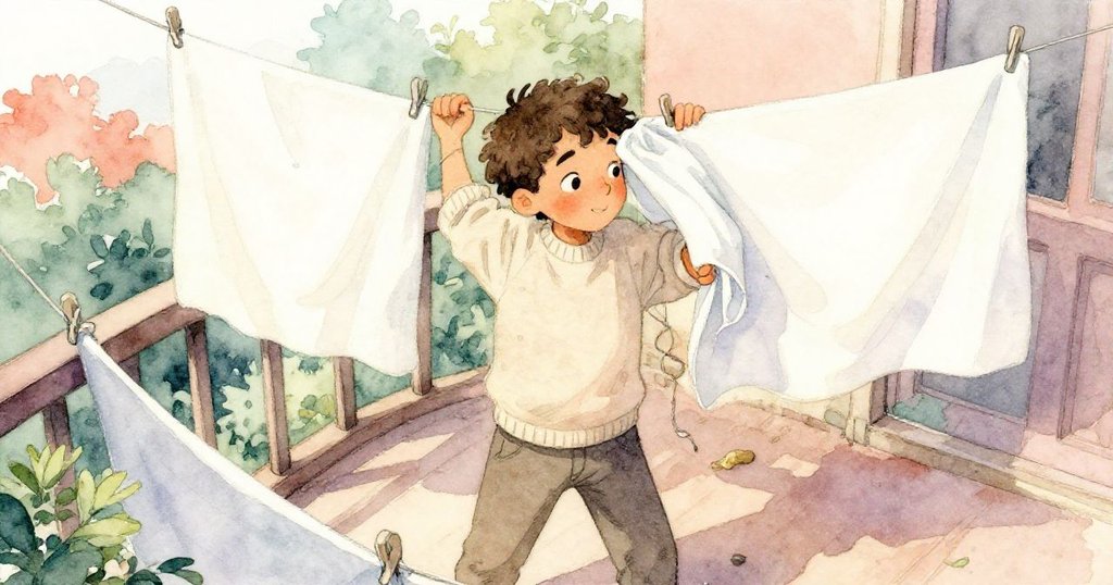 高角度畫面中，喬爾努力解開纏繞手腕的晾衣繩，濕布遮眼，神情中流露出焦慮與調整步調的掙扎，推動情節發展。