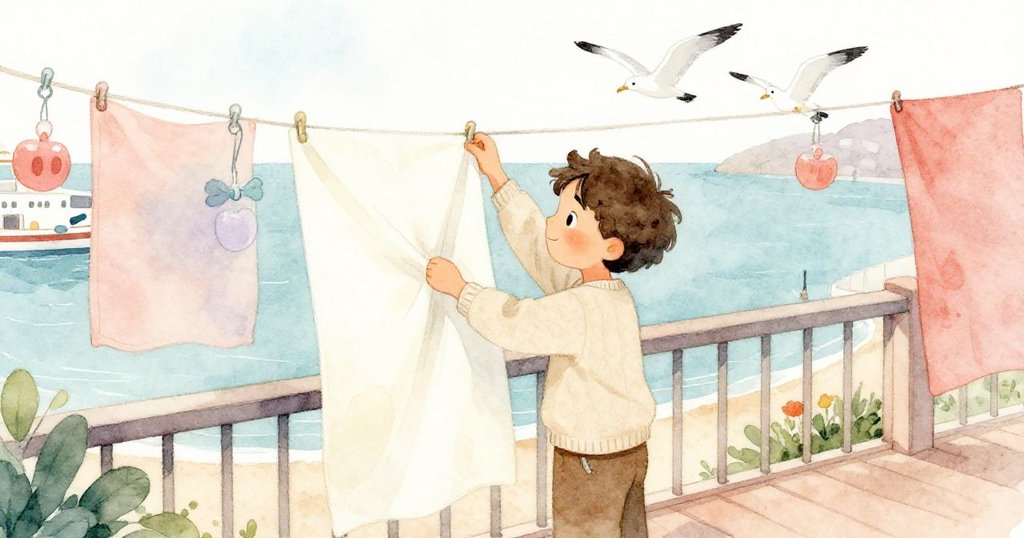 從高處俯瞰陽台，喬爾正在整理晾布與懸掛飾物，遠處海港與海鷗相映成趣，場景呈現寧靜與和諧。