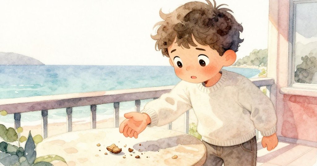 喬爾彎腰收集陽台散落的麵包屑，面部展露堅定決心與細膩情感，動作清晰表現出故事發展的轉捩點。