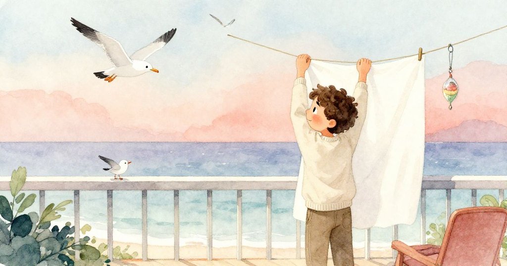 最終畫面中，喬爾完成陽台整理，白布整齊懸掛，飾物固定，海鷗與小鳥自由飛舞，整體氣氛溫馨圓滿。