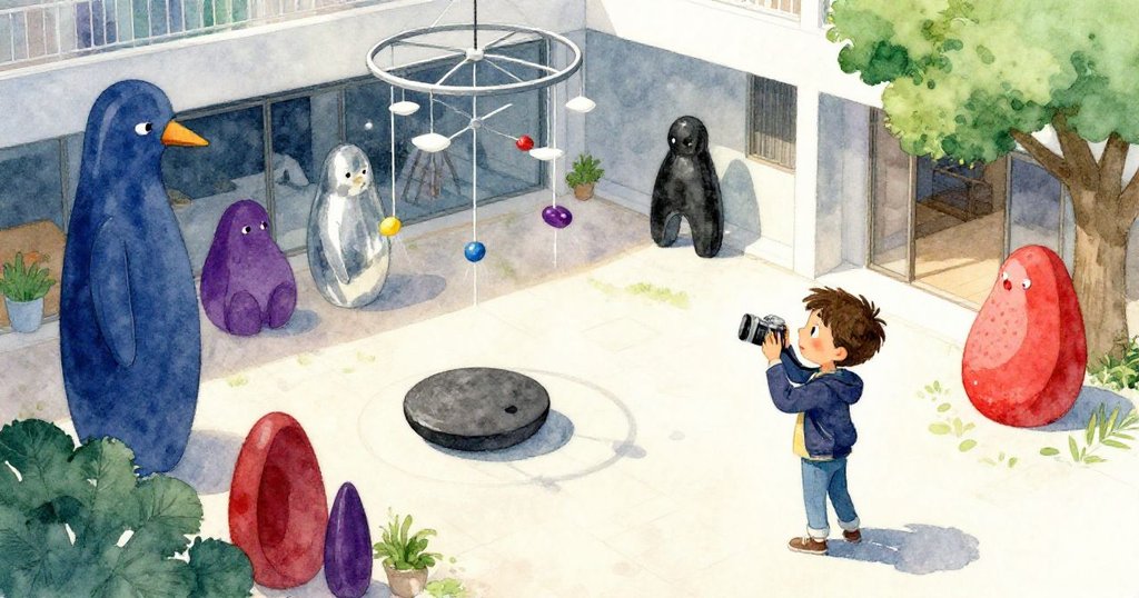 Felix站在中庭中舉著相機拍攝,鳥瞰視角展現雕塑和玻璃牆,神情專注且充滿好奇。