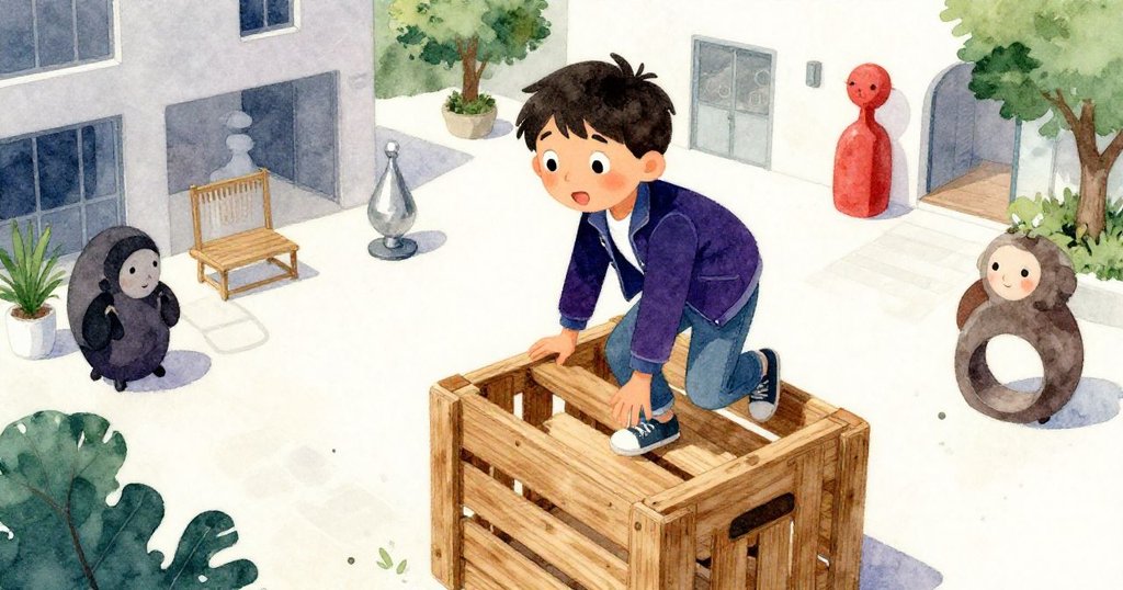 Felix蹣跚爬上木箱,從高處觀察雕塑,臉上既有緊張亦充滿期待,場景充滿都市藝術氛圍。