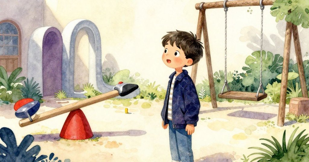 Felix站在陽光中觀察藝術品微妙變化,背景中展現翹翹板和秋千,氣氛溫暖且充滿期待。