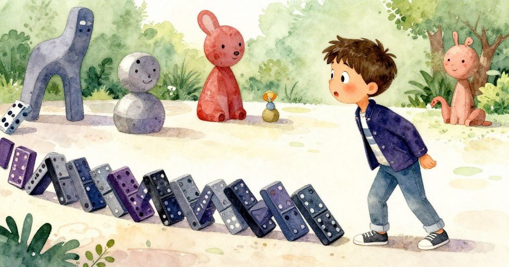 Felix驚訝注視畫布連鎖倒下,翹翹板輕輕傾斜,動作連續充滿懸念,場景緊張而生動。