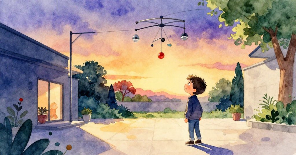 Felix在金色夕陽下凝視旋轉的金屬裝置,臉上流露滿足與回味,溫暖中庭充滿藝術氣息。