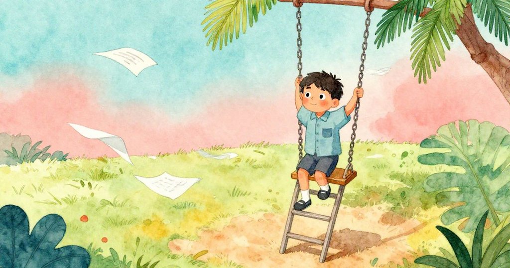 高角度畫面中露易斯在梯子上努力伸手抓住風中搖曳的鏈環，紙頁飛舞展現挑戰與堅定情緒。