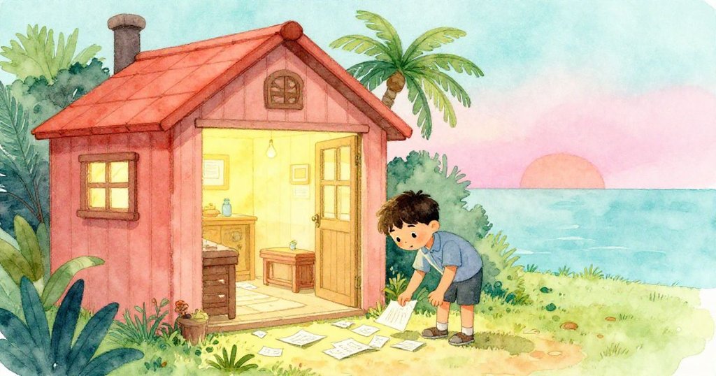 在小木屋溫馨室內中，露易斯蹲下撿拾被風吹亂的筆記本紙頁，燈光柔和映出室內外連結，展現專注與修補決心。