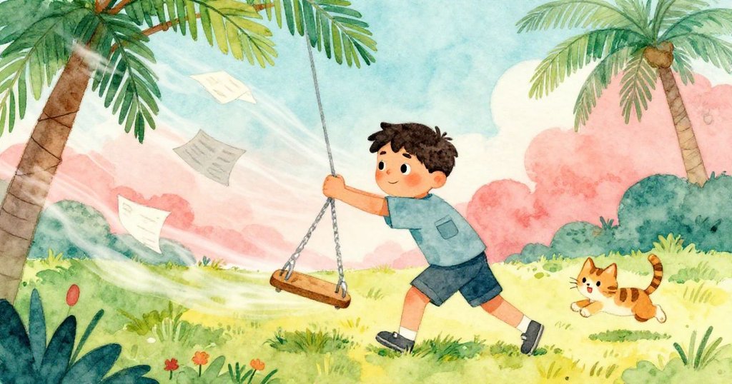 在猛烈狂風中，露易斯奮力推動搖晃鞦韆，鏈環短暫恢復，小貓追逐飛舞紙頁，畫面充滿緊張與活力。