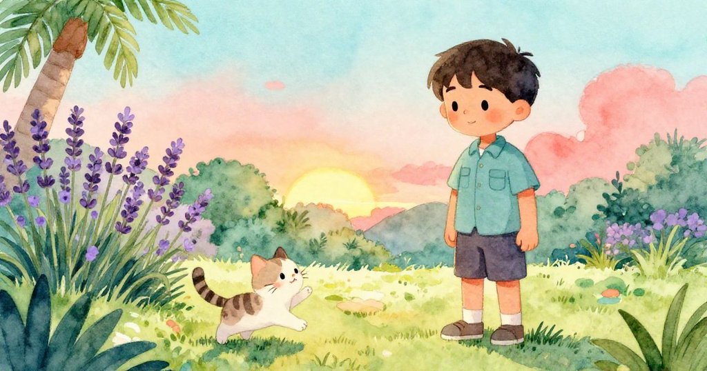 落日柔光中，露易斯滿懷成就感離開庭院，小貓在薰衣草叢中歡快追逐紙頁，平靜中展現一天修繕後的溫馨結局。