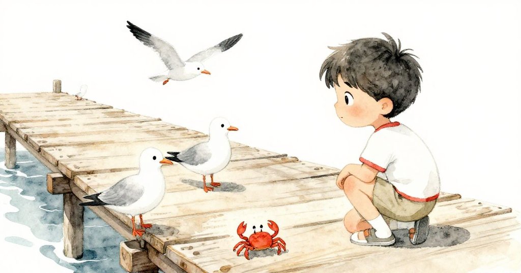 米洛蹲在舊碼頭邊,觀察海鷗和螃蟹,木板與陽光營造出故事開端的熱鬧海岸景象