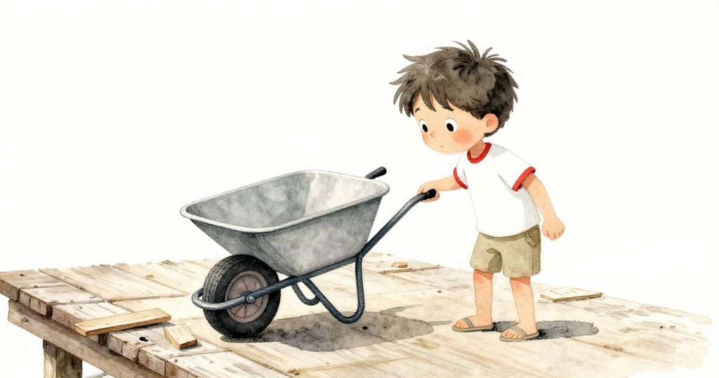 米洛在碼頭邊發現倒放的手推車和散落的木板,專注拉取木板思考選擇,展現情節發展中的探索動作