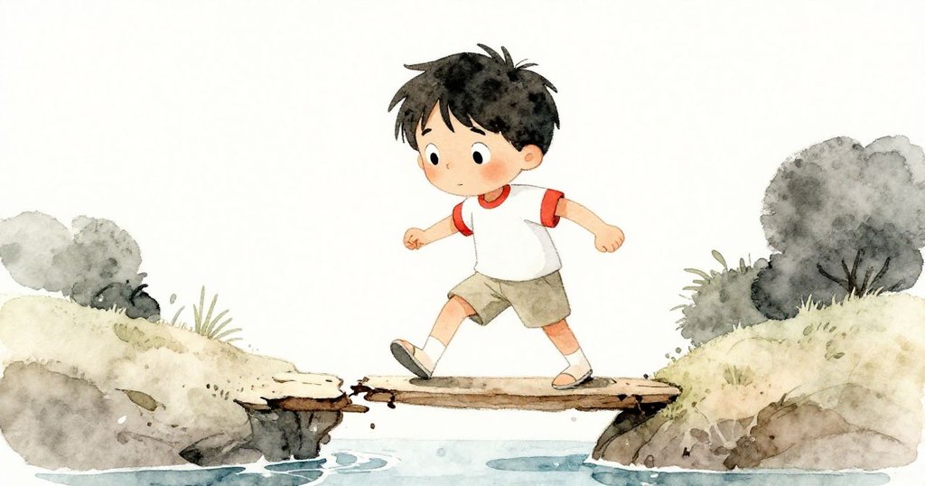 米洛勇敢踏上橫跨水面的破舊細橫樑,低角度突顯他堅定的眼神與冒險精神