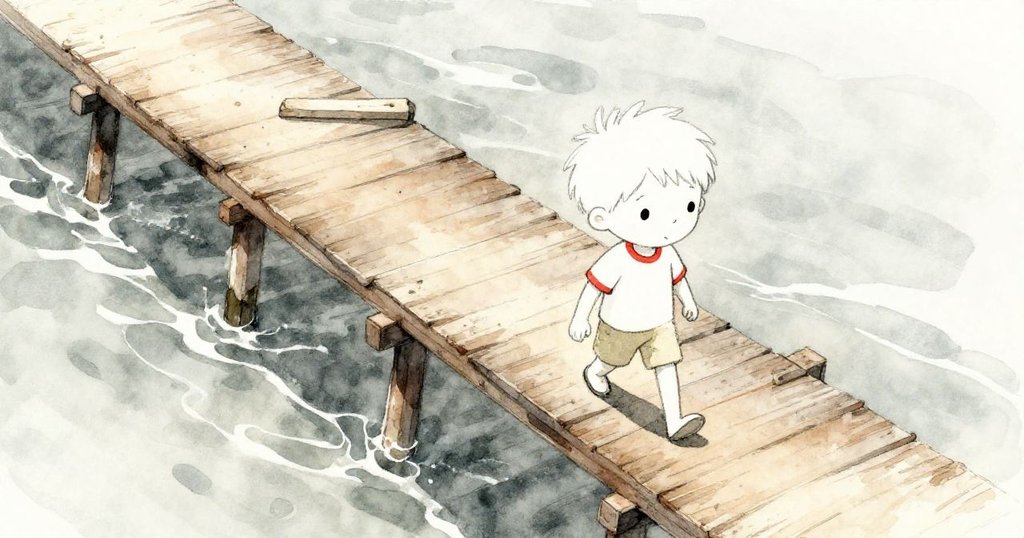 從高處俯瞰舊碼頭與海面,米洛如小人物般沿著窄樑前行,表現出旅程發展中的細膩與緊張