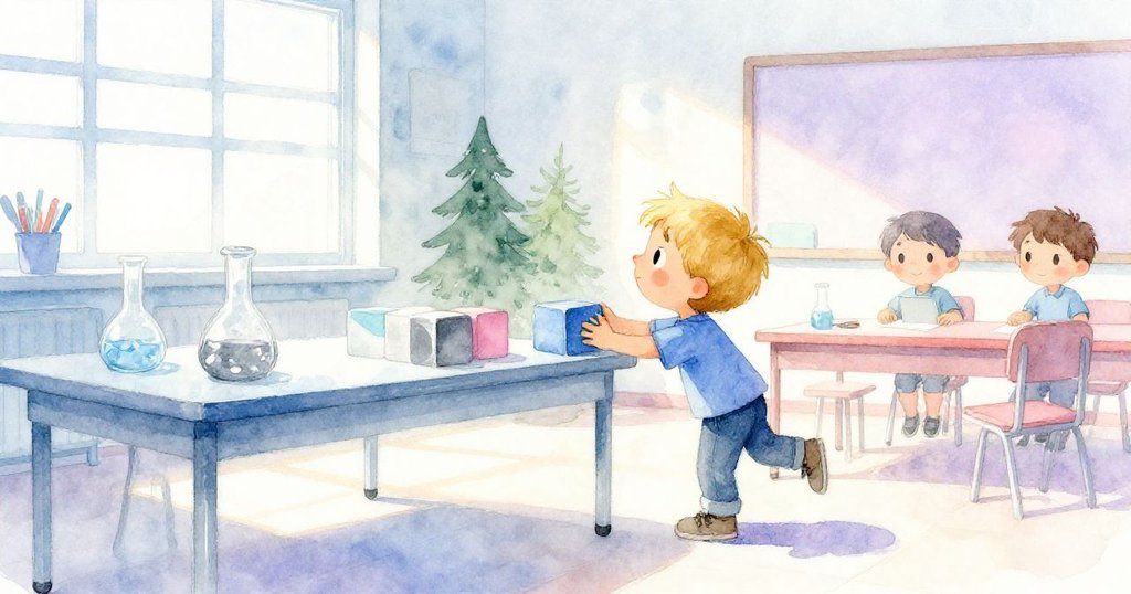 Leo 在明亮的教室中推動積木，剪影勾勒出動作，充滿好奇與期待，科學桌上鋪滿積木，故事開端。