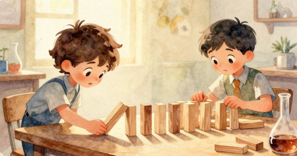 從高處俯視教室桌面，展示積木、綠珠、烏龜玩具與罐子的連鎖反應，窗戶開啟，帶來清新微風，情節逐步發展。