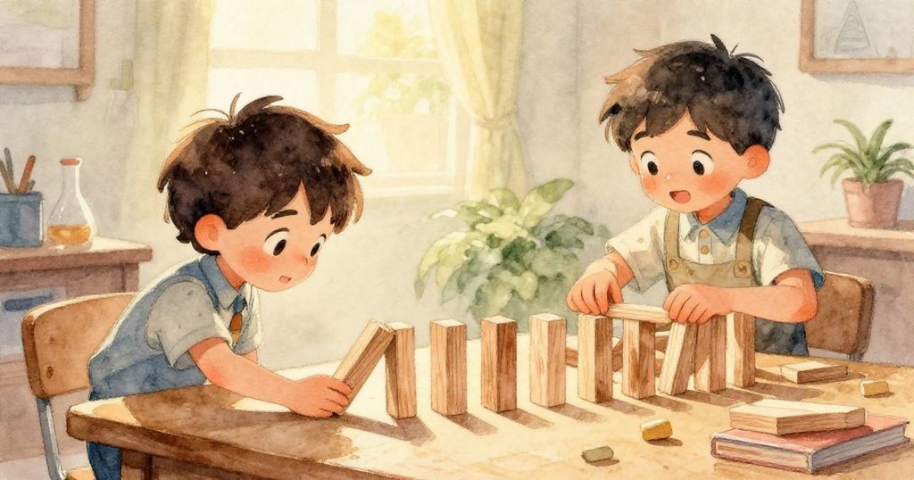 鉛筆在尺子間來回滾動，如橋般連接，呈現動態效果，充滿活力與童趣，情節高潮迭起。