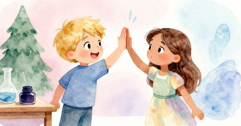 Leo 與 Mira 在穩定的墨水瓶旁快樂擊掌，慶祝合作成功，臉上洋溢喜悅，故事圓滿結局。