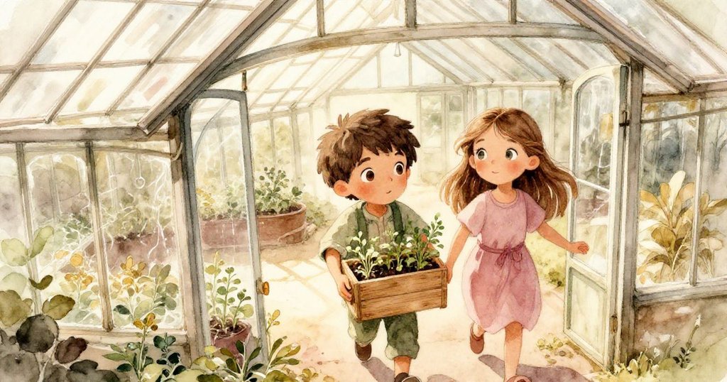 萊奧與米拉在溫室內急奔運送木箱，從高空俯瞰溫室結構，光影斑駁，充滿童話般的動感。