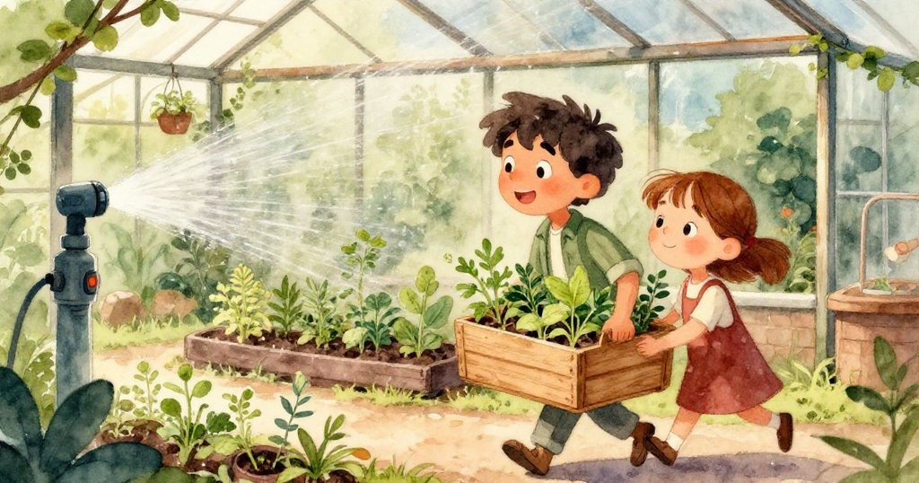 萊奧輕觸木箱中閃爍水珠的嫩藥草，神情專注細膩，表現出呵護與欣喜的情感。