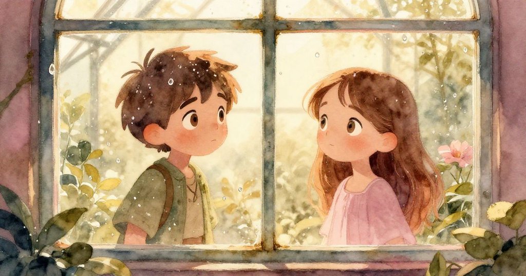 透過玻璃看見溫室中灑落水珠，萊奧與米拉急速奔行，光影交錯，氛圍神秘而溫暖。