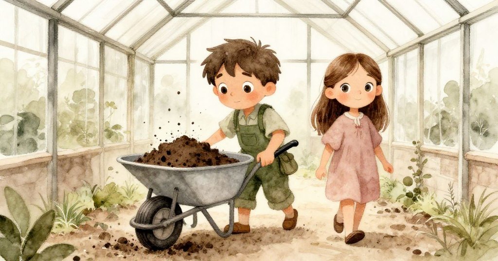 溫室通道內手推車橫臥散落泥土，萊奧與米拉謹慎前行，神情中透露著緊張與堅定。