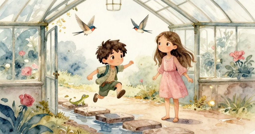 在溫室分岔路口，米拉走上乾爽走廊，萊奧躍上濕石板，夜鶯驚飛，小蜥蜴悄現，決定一觸即發。