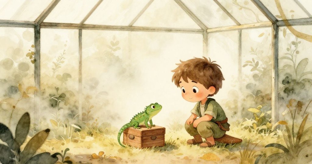 在寧靜溫室中，萊奧蹲下觀察閃光小蜥蜴，木箱穩放於乾地，霧氣繚繞，表情充滿好奇與平和。