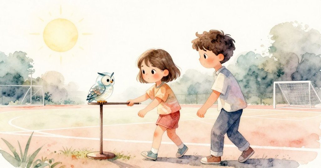 Emma與Joel在炎熱運動場上攜帶玻璃貓頭鷹，走向溫暖金屬看台，神情平靜充滿期待，冒險剛開始。