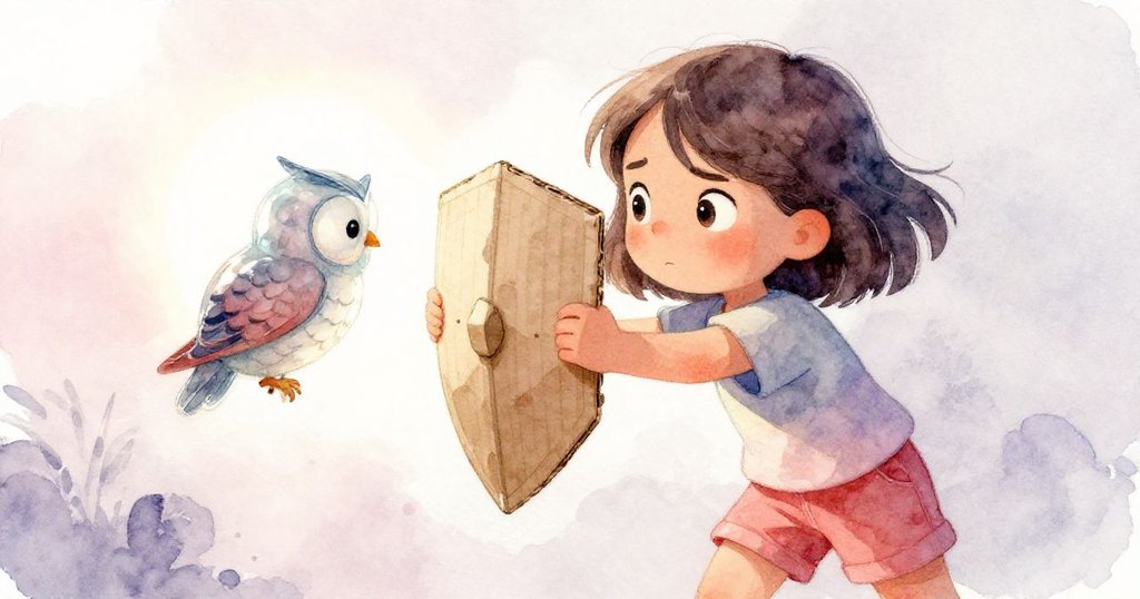 Emma在烈日下舉起紙板看板保護玻璃貓頭鷹，面部特寫展現專注與一絲擔憂，情緒緊張。