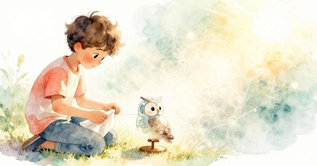 Joel小心滑動薄布支撐玻璃貓頭鷹，畫面分割展示塵埃與陽光瞬間交匯，情節進入緊張高潮。