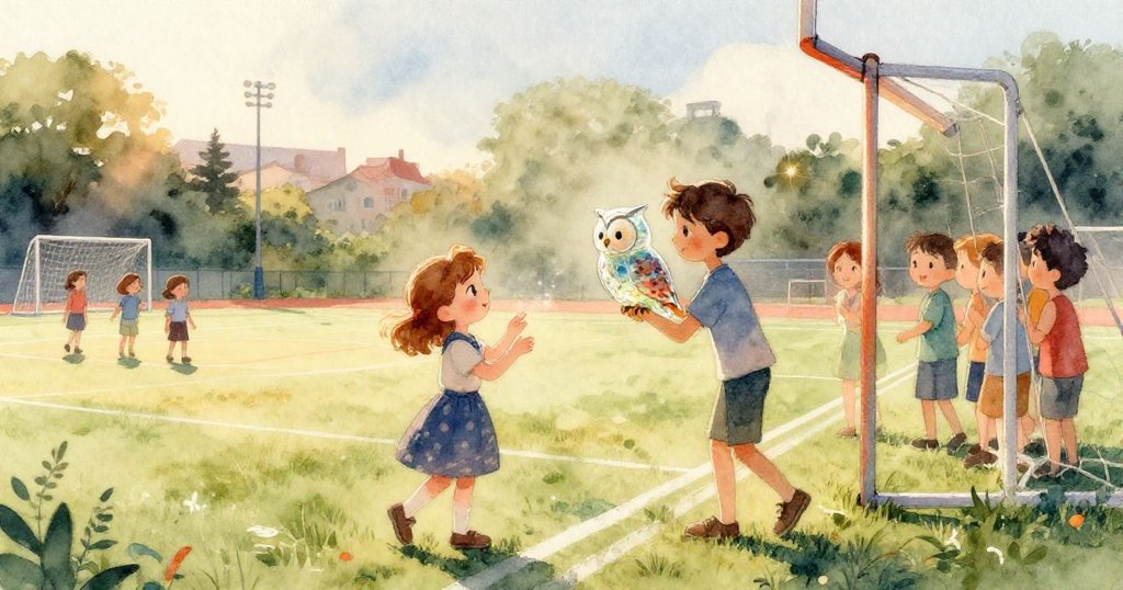 陣風掀起紙板角落，塵埃隨風飄舞在草地上勾勒出玻璃貓頭鷹輪廓，情緒急轉直下充滿戲劇性。