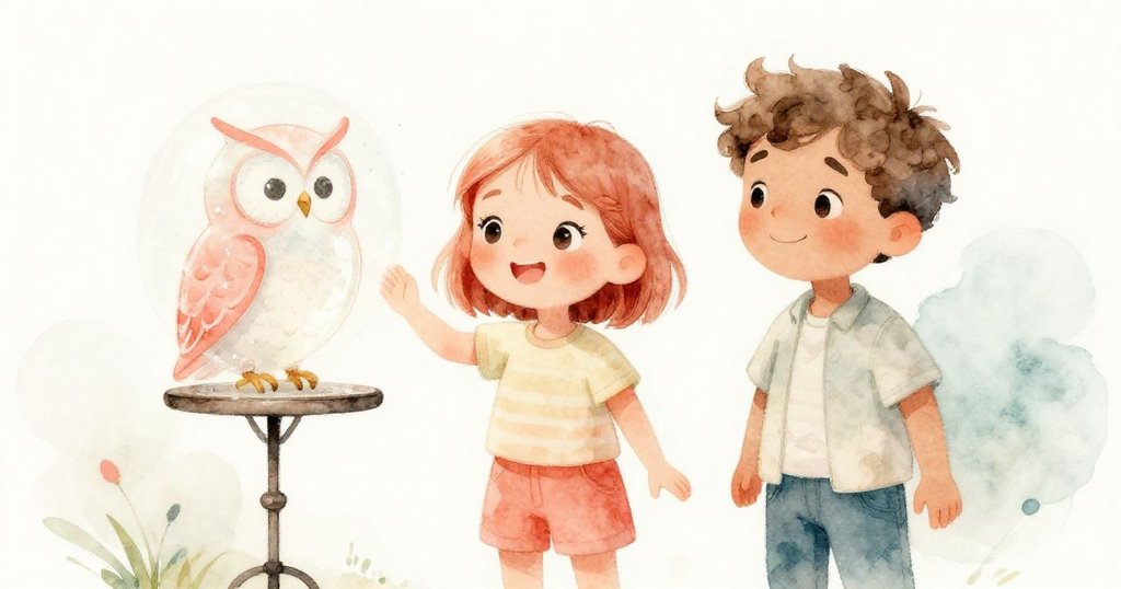 Emma和Joel在金屬看台前相視而笑，欣喜地慶祝玻璃貓頭鷹及塵埃形成的美麗輪廓，氣氛溫馨。