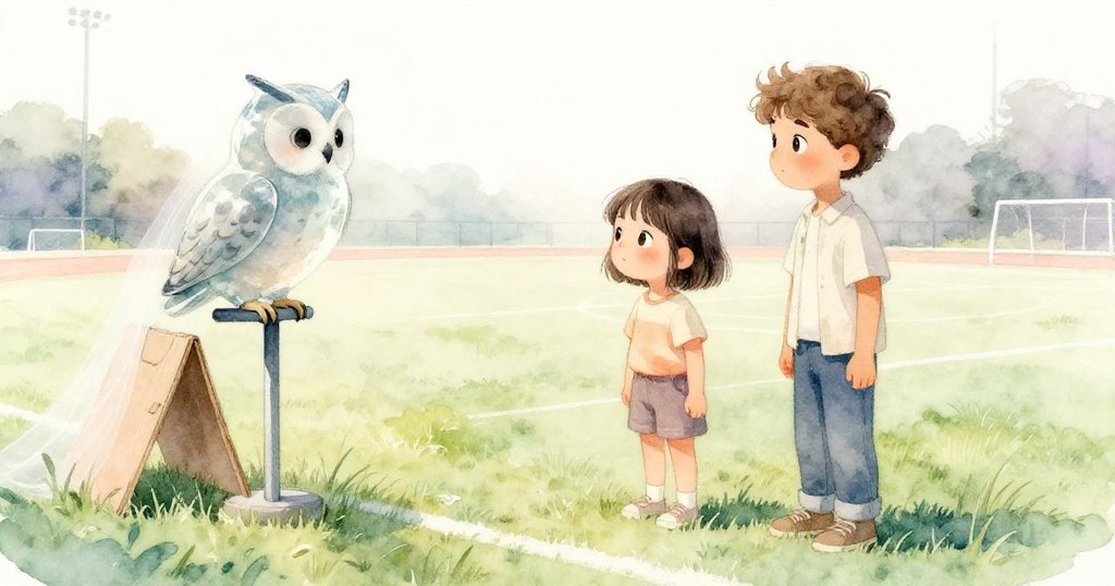 在寧靜運動場上，玻璃貓頭鷹穩立金屬看台，紙板歪靠草地上輕塵飄揚，Emma與Joel靜賞成果，結局溫馨。