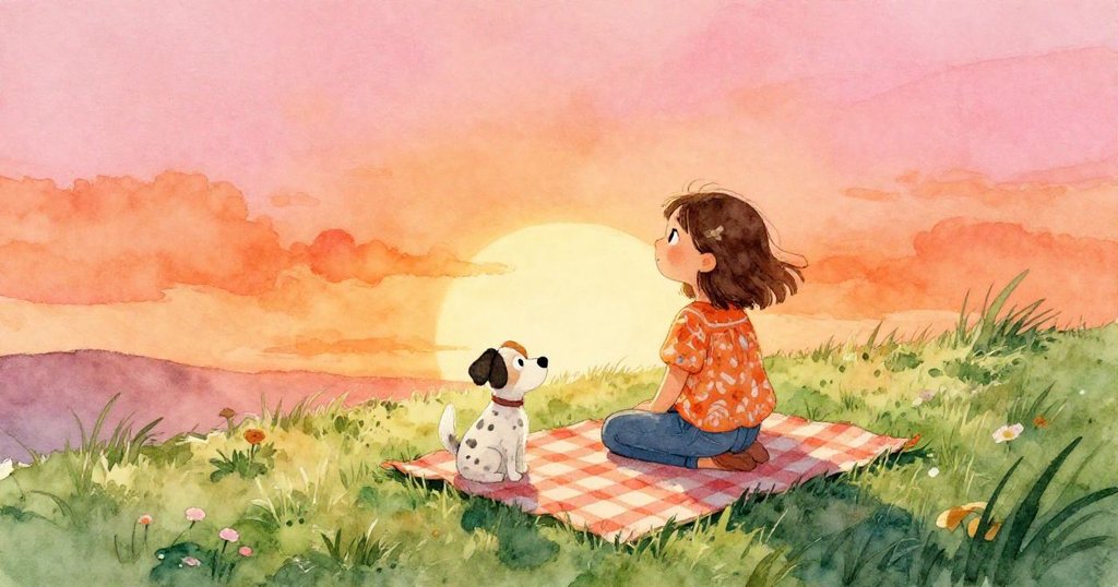 米拉和皮聘在山坡草地上展開野餐布，暖陽灑落，兩者動作活潑，背景明亮充滿希望。