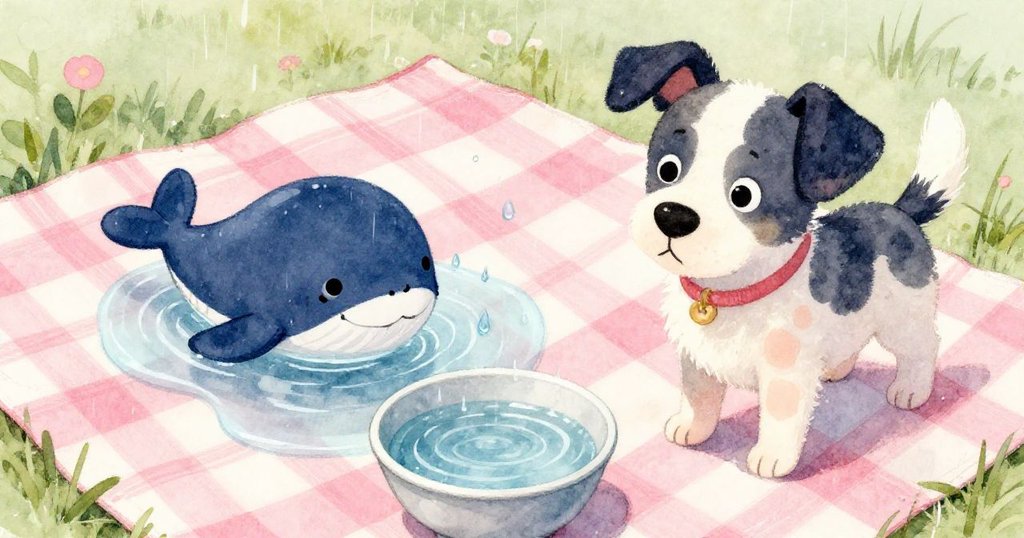 皮聘從低角度觀察，牠的水碗中聚集著雨水，野餐布上淺水池中橡膠獨角鯨與三明治漂浮，充滿好奇。