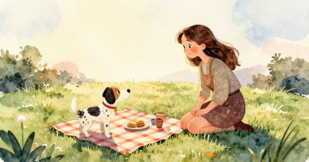 在野餐布上淺水池中，橡膠獨角鯨和裹著三明治的小船般緩慢漂流，水面透出金光，夢幻而奇妙。